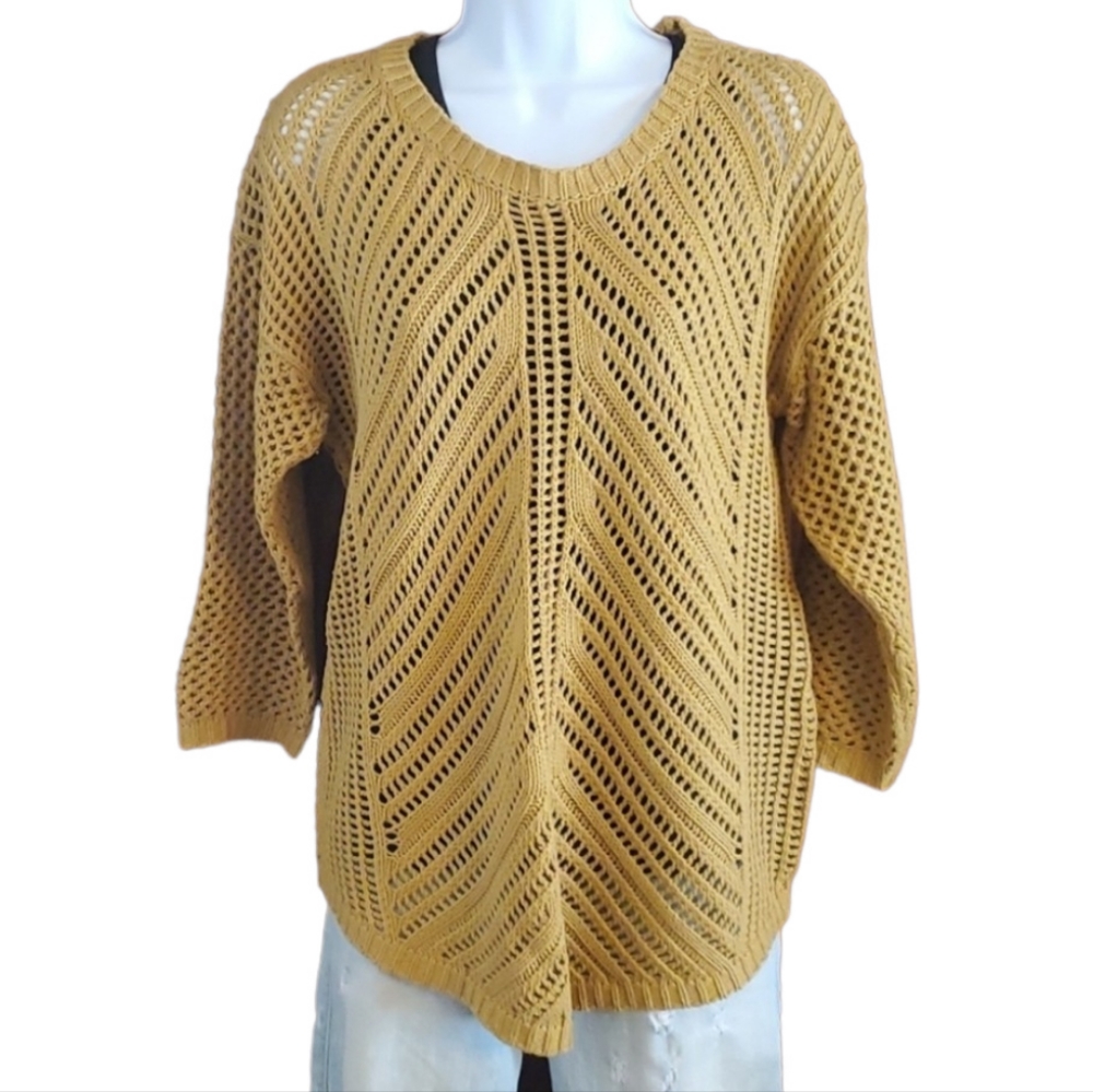 Chelsea & Theodore 3/4 Length Sleeve Mustard Yellow Cable Knit Sweater